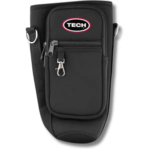 A drink bottle carrier in black neoprene with a front pocket and adjustable strap, featuring a logo.