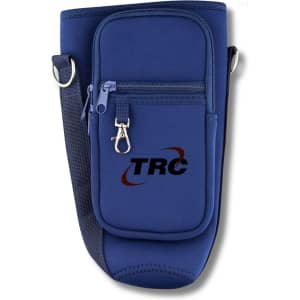A drink bottle carrier in navy blue neoprene, featuring a zippered pocket and a detachable strap. It has a logo displayed.