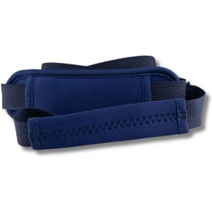 A drink bottle carrier in dark blue neoprene with a sturdy strap for easy carrying, featuring a logo.