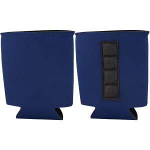 A blue magnetic stubby holder with a textured patch and a classic design, suitable for standard drink bottles.
