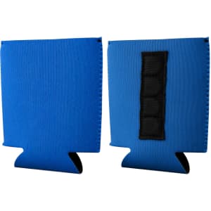 A blue magnetic stubby holder with a black patch on one side for attachment.