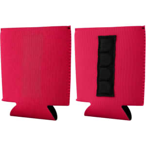 A pink magnetic stubby holder with a black fabric strip on one side and a solid pink back.