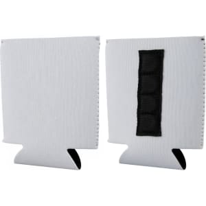 A white magnetic stubby holder with a black strip, designed to fit around drink bottles.