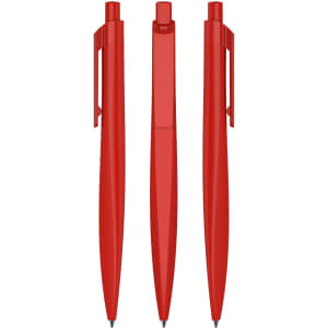 A set of three red plastic pens, featuring a sleek design and clip for convenience.，各自呈现不同的角度.