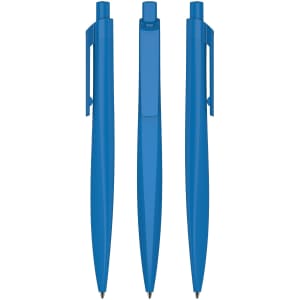 Three blue plastic pens displayed from different angles, featuring a minimalist design and clip.