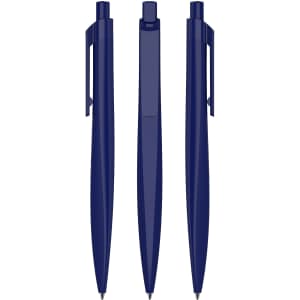 Navy blue plastic pens displayed from multiple angles, featuring a sleek design and clip for easy attachment.