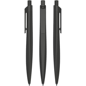 Three black plastic pens displayed from different angles, featuring a clip and a smooth body design.