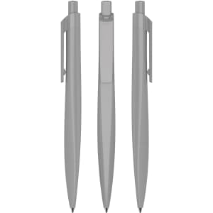 A grey plastic pen displayed from three angles, featuring a clip and a sleek design. The pen has a branding logo.