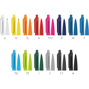 A collection of plastic pens in various colours, including white, orange, green, and purple, displayed in a row.