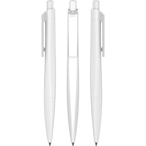 Three white plastic pens displayed from different angles, featuring a simple design and a clip for attachment.