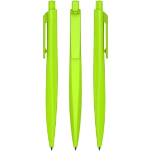 Three bright green plastic pens displayed from different angles. The pens feature a clip and smooth body design.