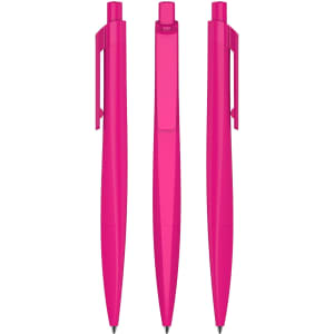 Three bright pink plastic pens displayed from different angles, featuring a simple design and a clip for attachment.