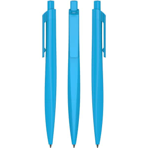 Three bright blue plastic pens are displayed from different angles, featuring a sleek design and clips.