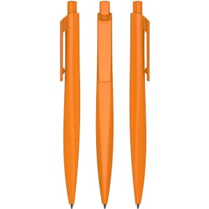 Three orange plastic pens positioned at different angles, showcasing their smooth, sleek design.