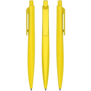 Three yellow plastic pens are displayed from different angles, featuring a simple design and a clip on each pen.