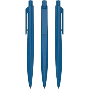 Three blue plastic pens displayed from different angles, featuring a clip and smooth design.