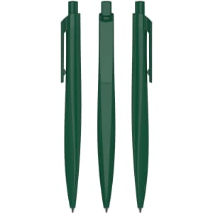 Three green plastic pens displayed from different angles, showcasing a sleek and modern design.