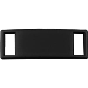 A black luxury shoelace charm with two openings on either end. It has a smooth, sleek design.
