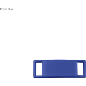 A royal blue luxury shoelace charm with a rectangular shape and two openings. It features a branding logo.