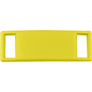 A bright yellow shoelace charm with two rectangular openings, featuring a simple design.