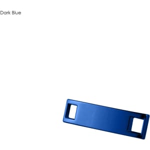 A dark blue shoelace charm with two openings for attachment, set against a plain white background.