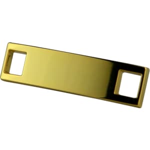 A gold rectangular shoelace charm with two cut-out holes on each end.