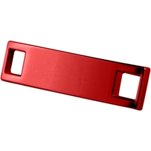 A red rectangular shoelace charm featuring two cut-out holes. It has a shiny finish and a smooth surface.