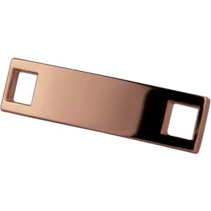 A metallic rose gold shoelace charm featuring two rectangular openings for laces, with a smooth, shiny finish.