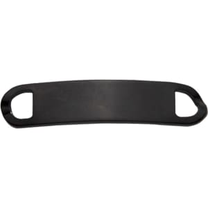 A black Smart Shoelace Charm with two curved ends for attachment. Features a simple and sleek design.