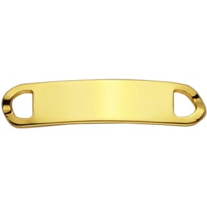 A gold shoelace charm with two attachment holes on each end, featuring a shiny metallic finish.