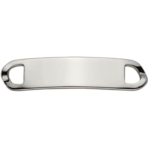 A silver shoelace charm with a curved design and two openings at either end.