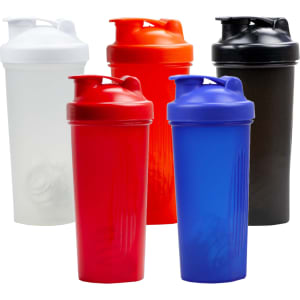 A collection of protein shakers in white, red, black, blue, and translucent designs, each featuring a logo.