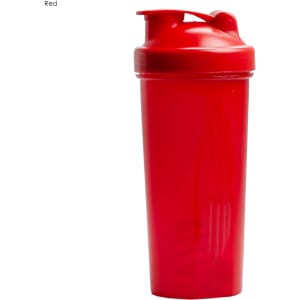 A drink bottle in vibrant red, featuring a screw-on lid and a logo. Ideal for protein shakes and smoothies.