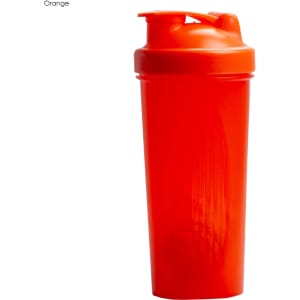 A drink bottle in vibrant orange, featuring a secure lid and a built-in whisk. It has a logo.