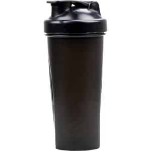 A drink bottle in black, featuring a secure lid and a built-in mixer, ideal for protein shakes.