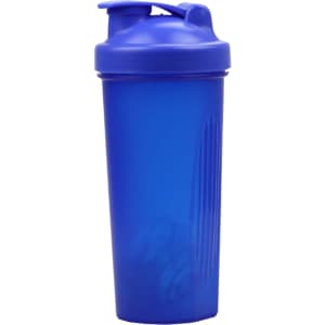 A drink bottle in translucent blue with a secure lid and a branding logo, designed for protein shakes.