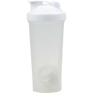 A drink bottle with a white lid and an opaque body, featuring a mixer ball inside.