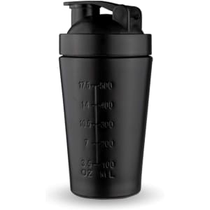 A drink bottle featuring a black design with measurement markings and a secure, flip-top lid, complete with a logo.