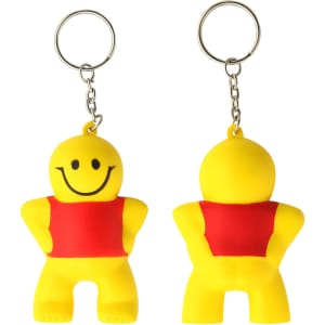 A yellow stress keyring shaped like a little man with a red shirt, featuring a smiling face and a metal keychain.