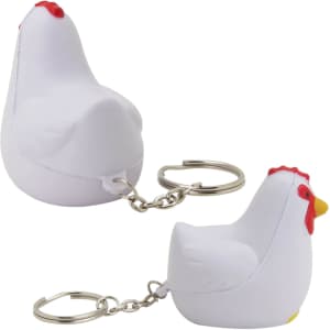 A white stress keyring shaped like a rooster with a red comb and a metal keychain attachment.