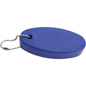 A blue oval-shaped stress floating key ring attached to a chain. The product has a smooth, solid texture.