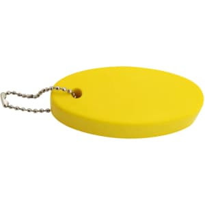 A yellow oval floating key ring attached to a silver chain. It features a simple design with a hole for attachment.