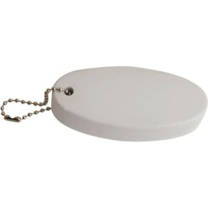 A white floating key ring with a rounded, oval shape and a metal chain for attachment.
