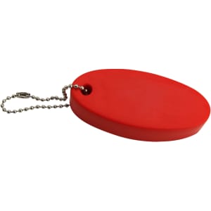 A red floating key ring with a smooth oval shape, attached to a silver ball chain.