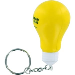 A yellow light bulb key ring with a chain attachment, featuring a branding logo.
