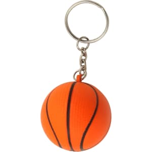 An orange basketball key ring with black detailing, attached to a silver metal keychain.