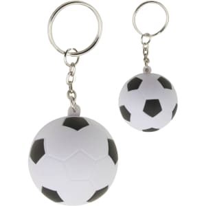 A stress soccer ball key ring in white and black with a shiny metal chain and ring.