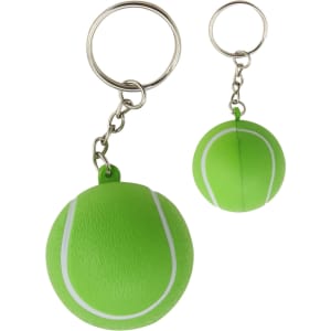 A green tennis ball key ring featuring a textured surface and white markings, attached to a metal keyring.