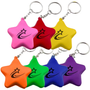 A set of star-shaped stress key rings in pink, red, yellow, green, orange, purple, and blue, featuring a logo.
