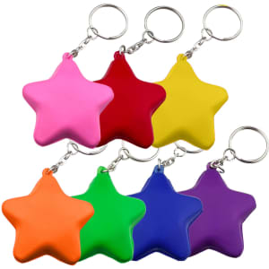A selection of star-shaped key rings in pink, red, yellow, orange, green, blue, and purple, each with a keychain attachment.